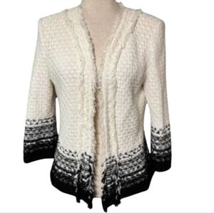St. John Cream Open Knit Cardigan with Black Ombre Trim